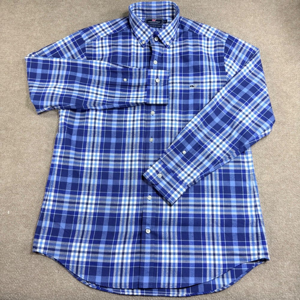 Vineyard Vines Performance Slim Fit Tucker Shirt Mens Large‎ Blue Plaid Flannel
